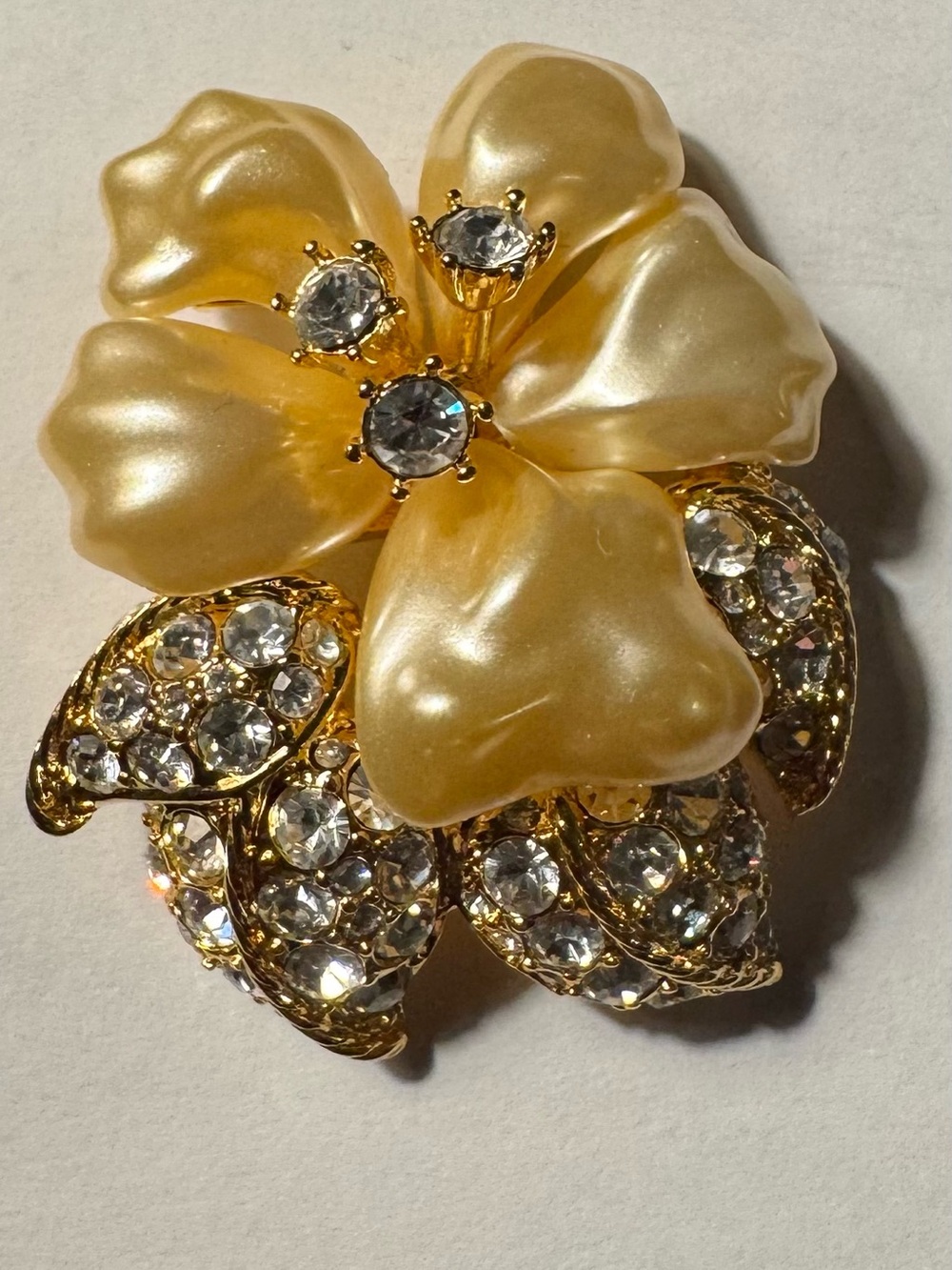 Nolan Miller signed Gold Pearl Floral Brooch with Clear Crystal Accents